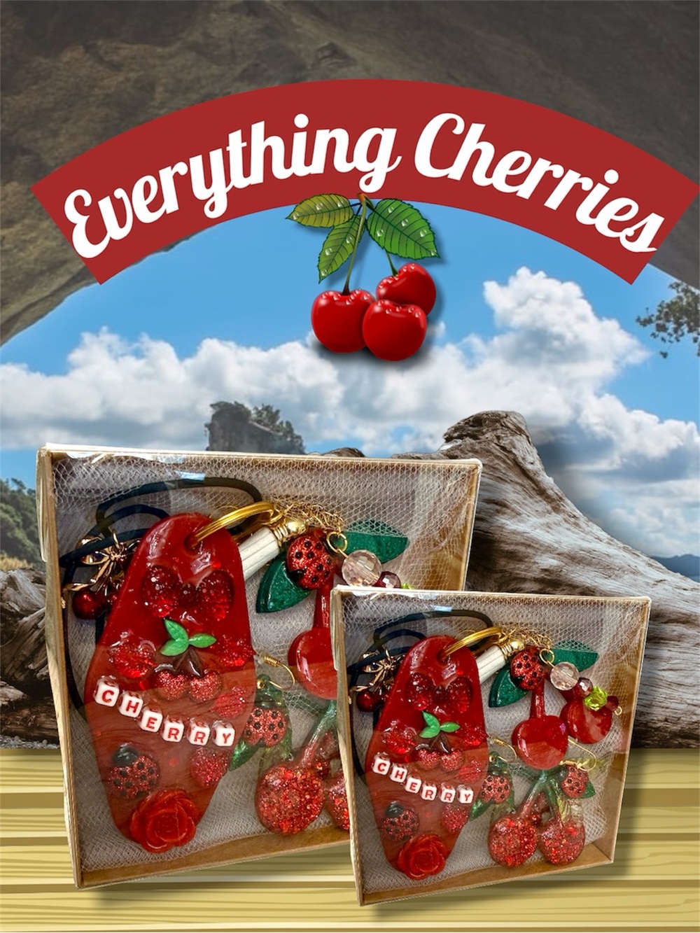 Cherry Set Necklace Earrings Keychain, Jewelry Set 3, Ladybug, Mon Cheri, Mom
